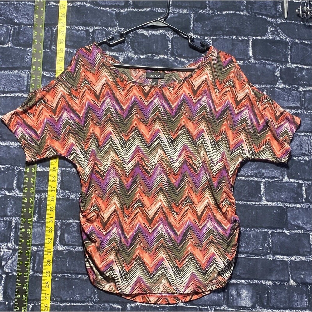 Alyx Top Women Medium Orange Purple Zig Zag Ruched Blouse Boho Artsy Festival